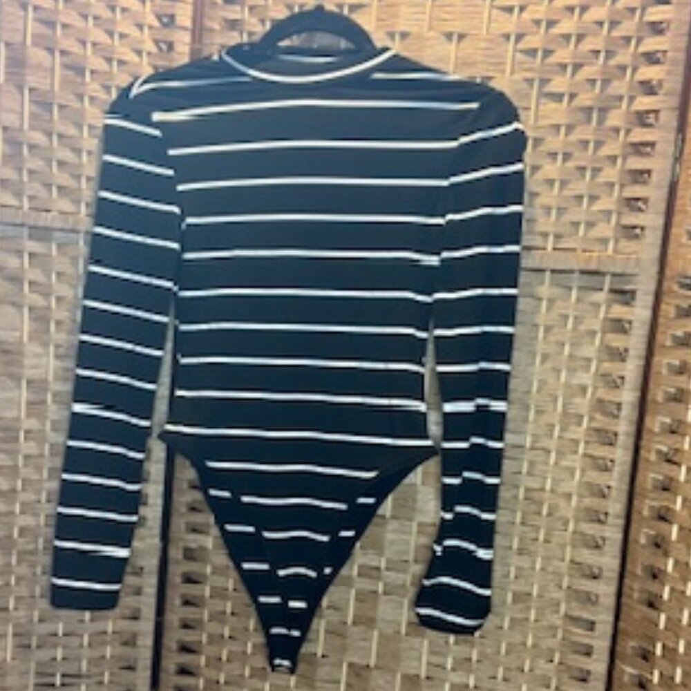 SHEIN | Black & White | Striped Mock Neck Long Sleeve Bodysuit